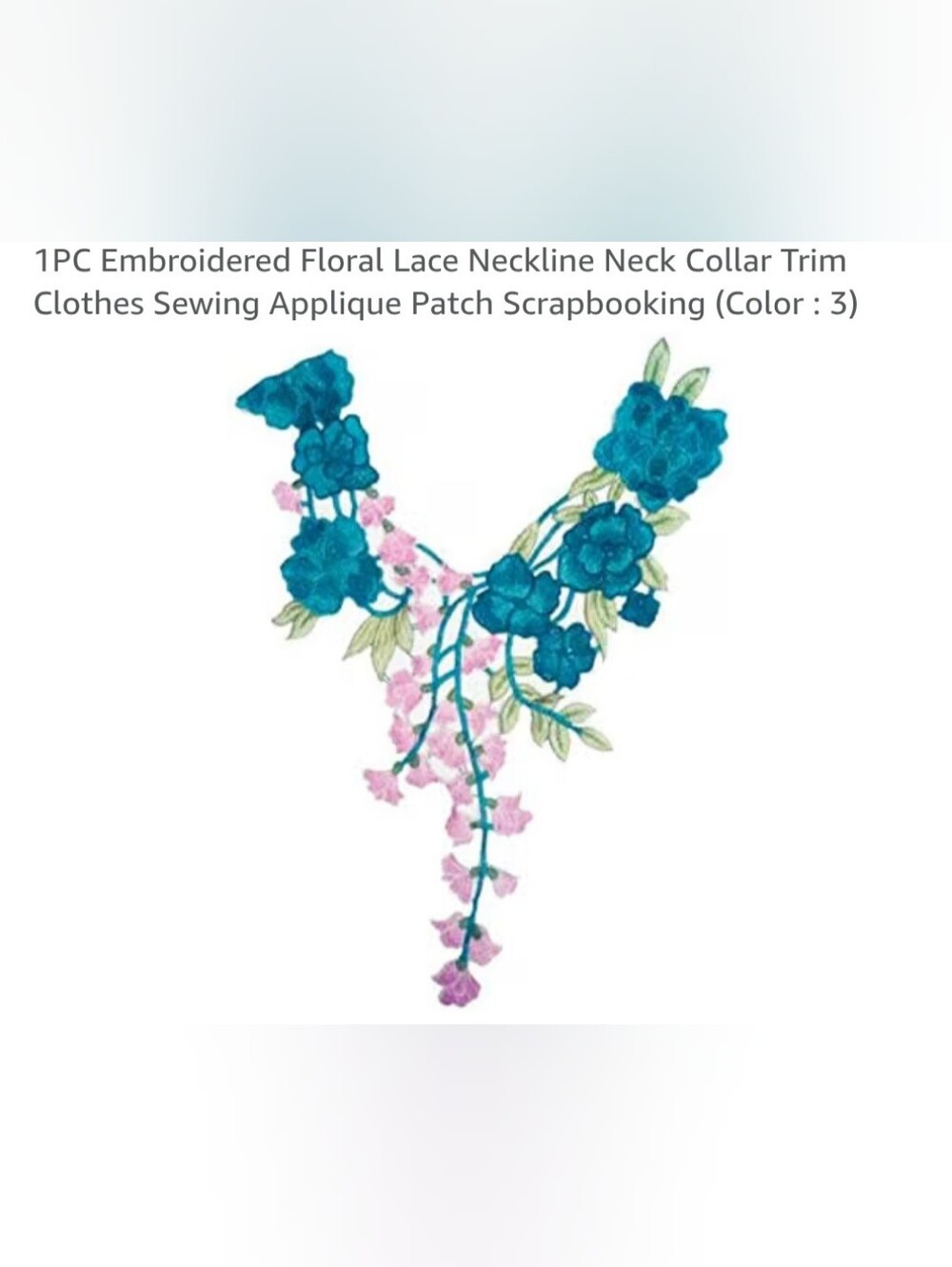 Floral Appliqué Lace Neckline Trim Embroidery in Teal and Pink